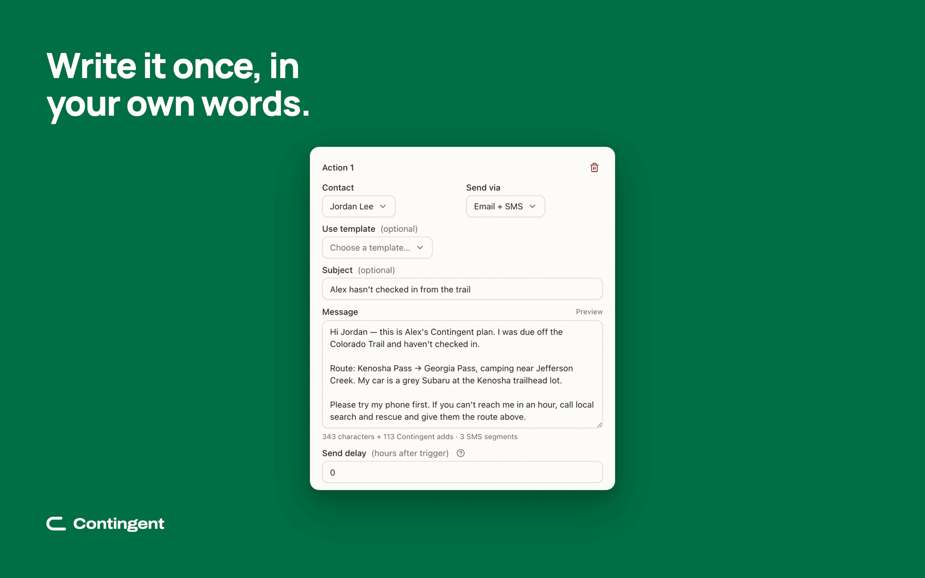 Plan editor, Messages step: who gets told, how, and the message itself