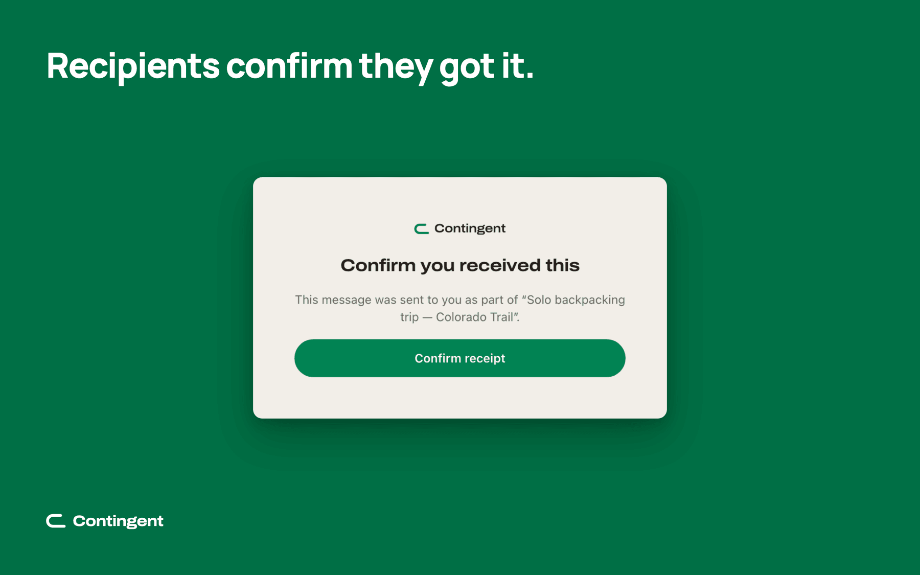 What a recipient sees from the link in an alert: a one-tap "Confirm receipt"