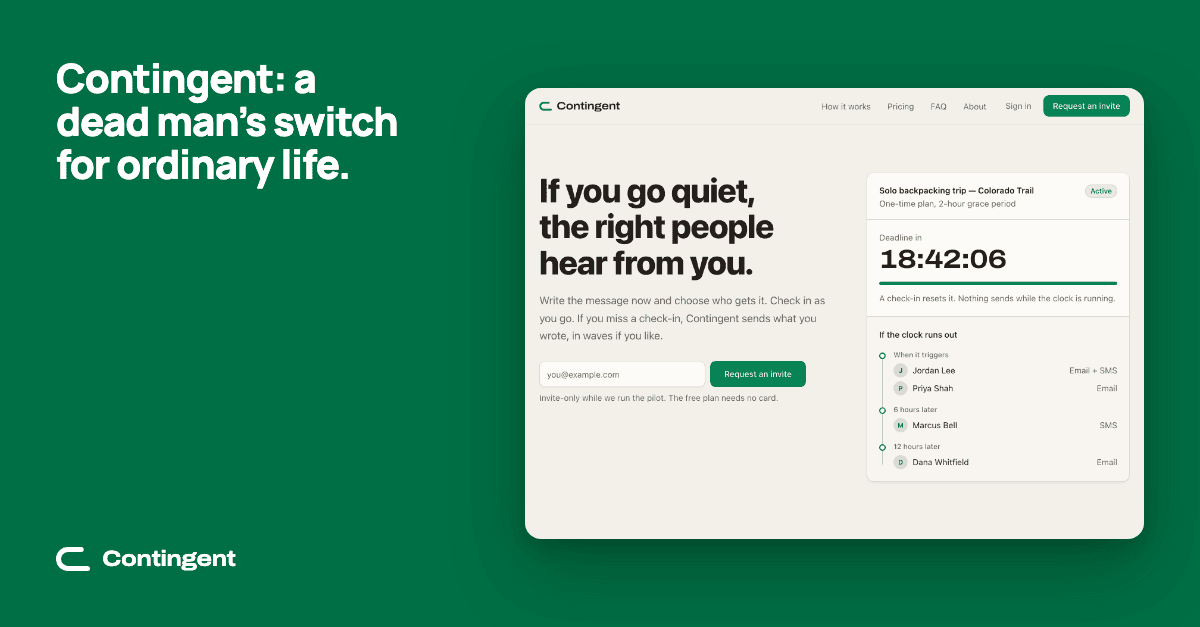Contingent: a dead man's switch for ordinary life. The landing page, with a live plan card showing who hears from you, and when