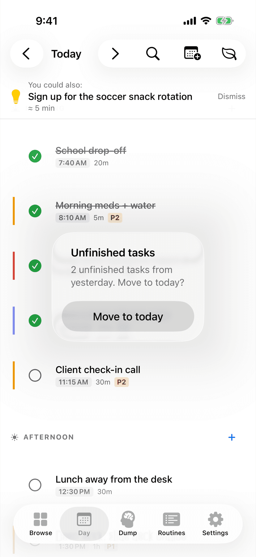 The morning prompt offering to move yesterday's two unfinished tasks into today