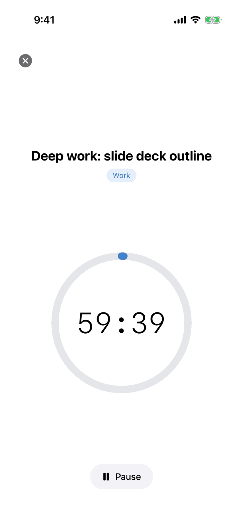 A focus session in progress on "Deep work: slide deck outline", with a countdown ring