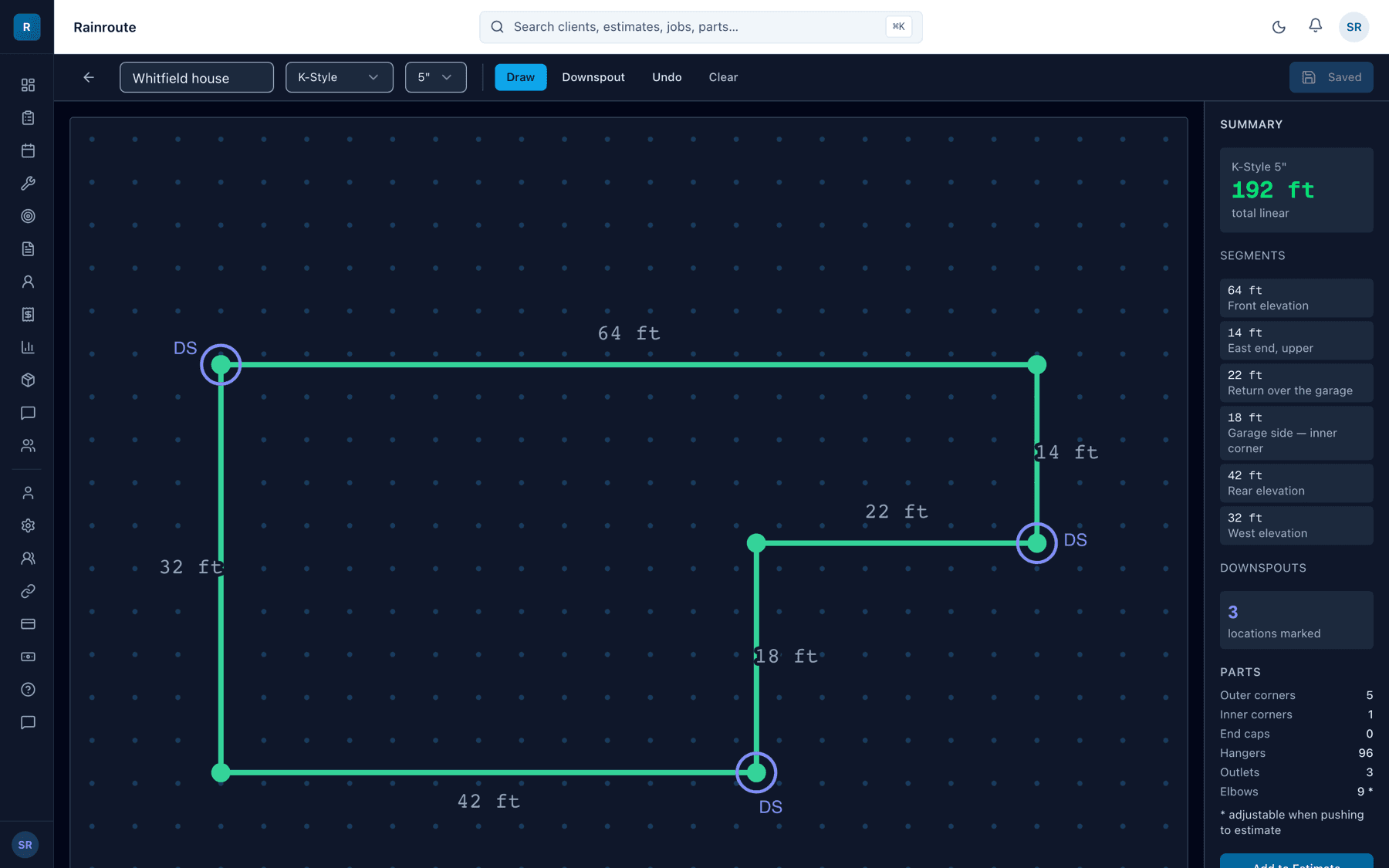 The drawing tool: a 192 ft L-shaped roofline sketched on a grid, downspouts marked, and the parts counted automatically