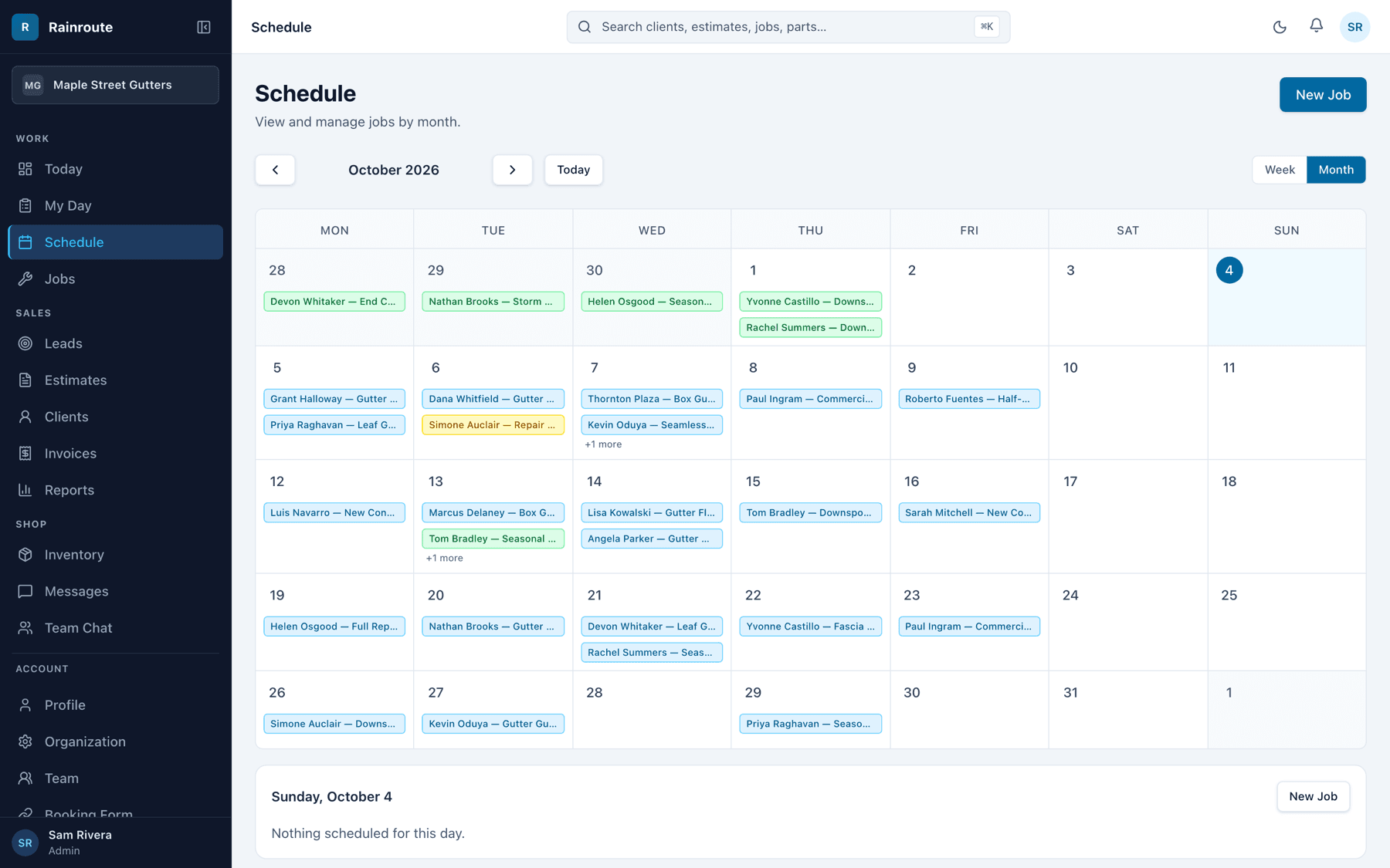 October schedule with two crews' weekday jobs, colored by status