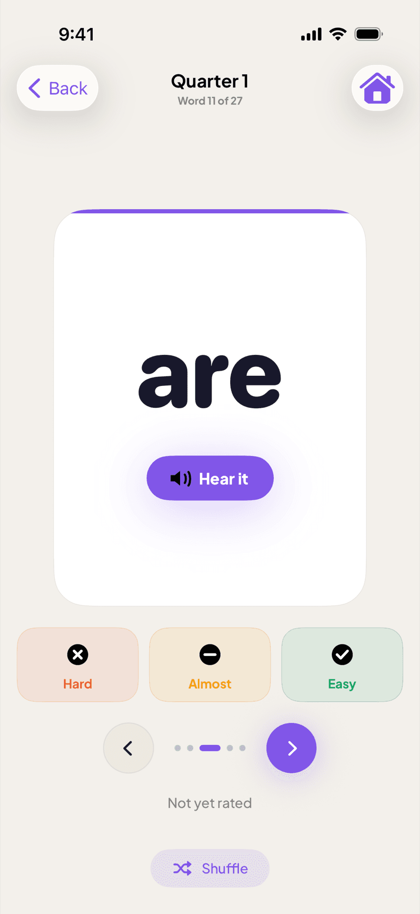 Flashcard mid-practice ("are", word 11 of 27) with Hear it and Hard / Almost / Easy