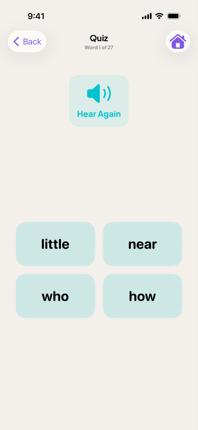 Quiz question: Hear Again plus four word choices