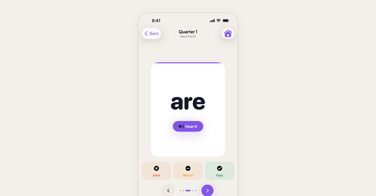 Sight Words flashcard: the word “are” with a Hear it button and Hard, Almost and Easy choices
